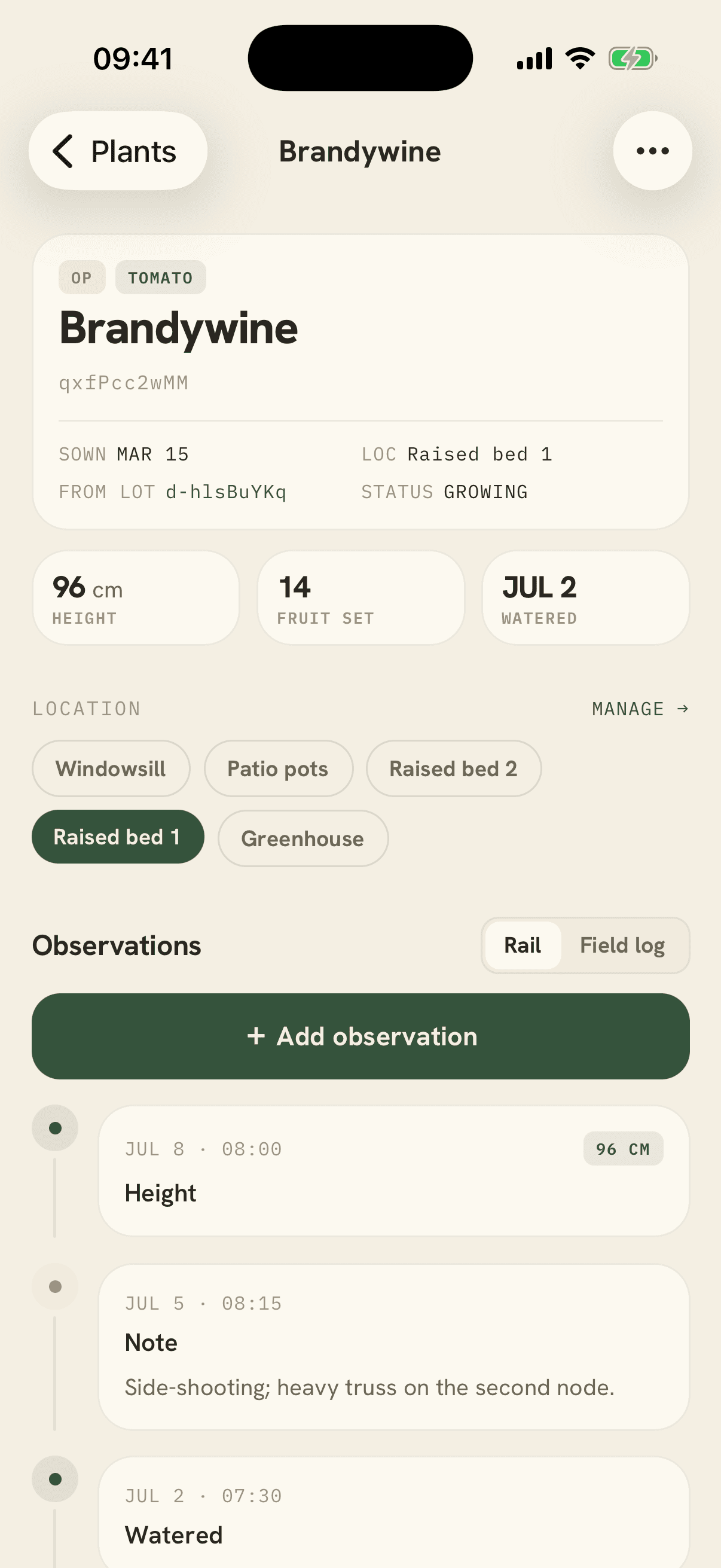 Plant observation timeline